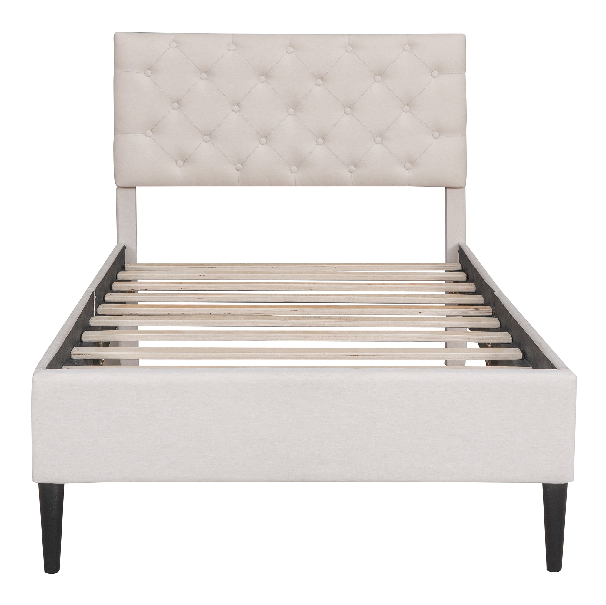 Upholstered Linen Platform Bed, Twin Size, Beige twin-beige-linen