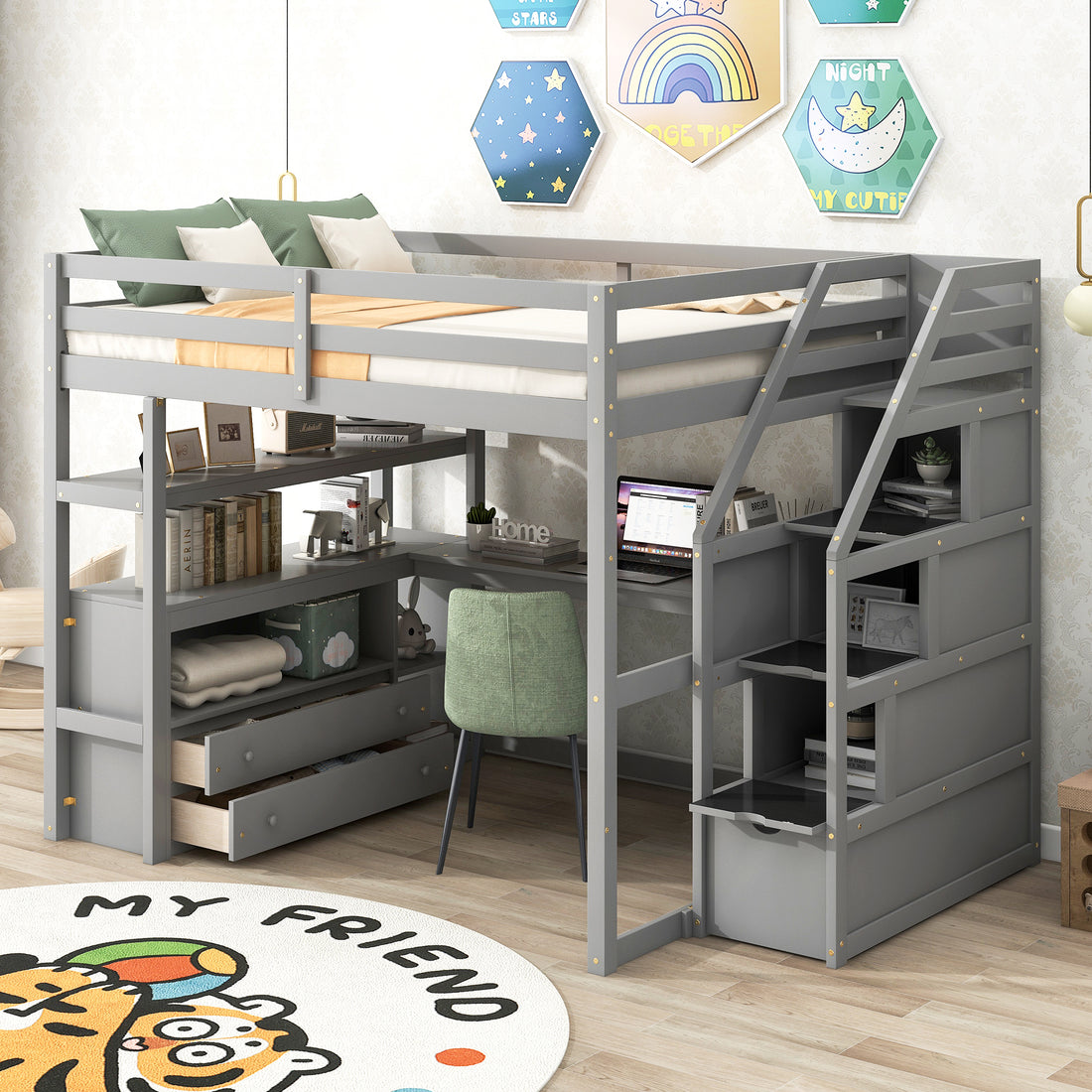 Full Size Loft Bed With Desk And Shelves, Two Built In Drawers, Storage Staircase, Gray Gray Pine