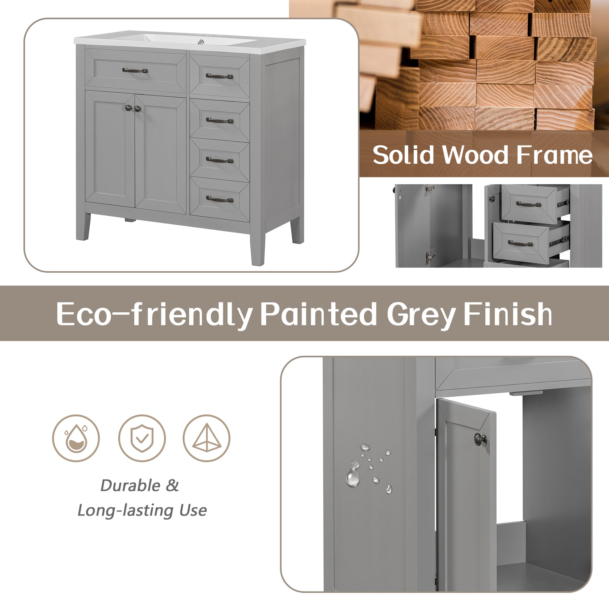 36" Bathroom Vanity Without Sink, Cabinet Base Only, Bathroom Cabinet With Drawers, Solid Frame And Mdf Board, Grey Grey Solid Wood Mdf