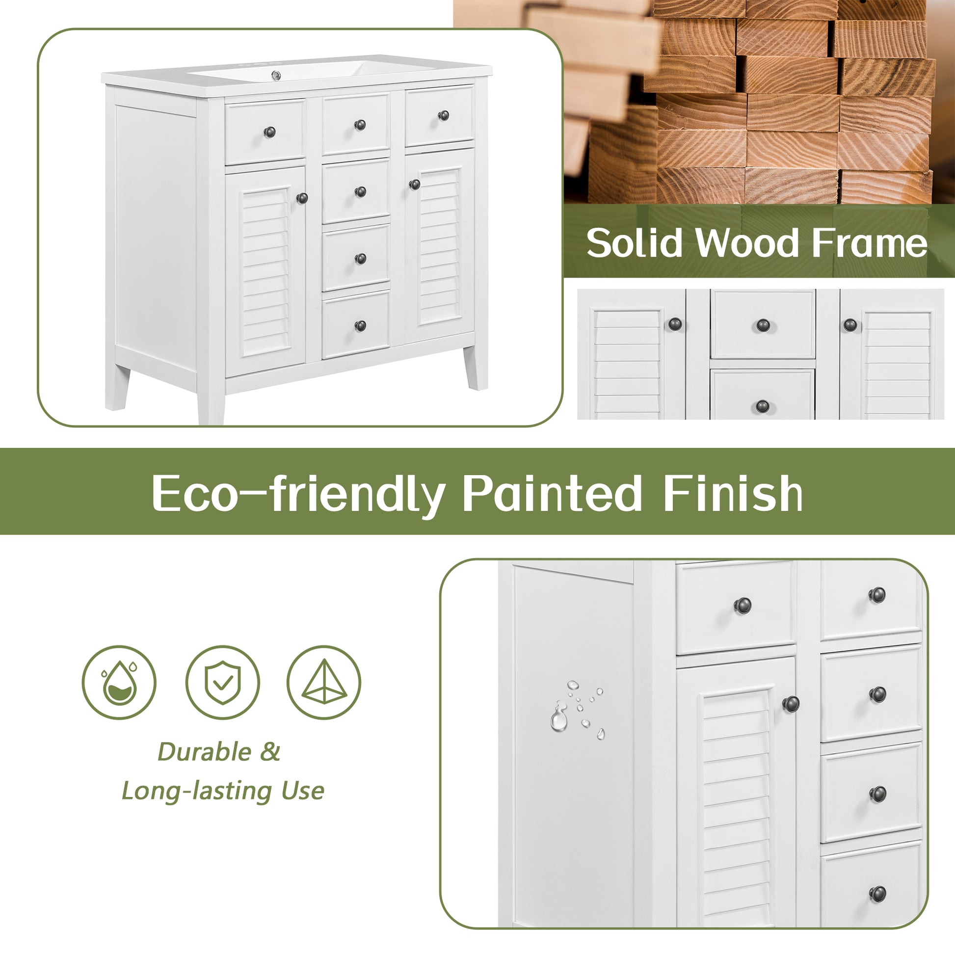 36" Bathroom Vanity With Ceramic Basin, Two Cabinets And Five Drawers, Solid Wood Frame, White Old Sku: Sy999202Aak 1 White Solid Wood Mdf