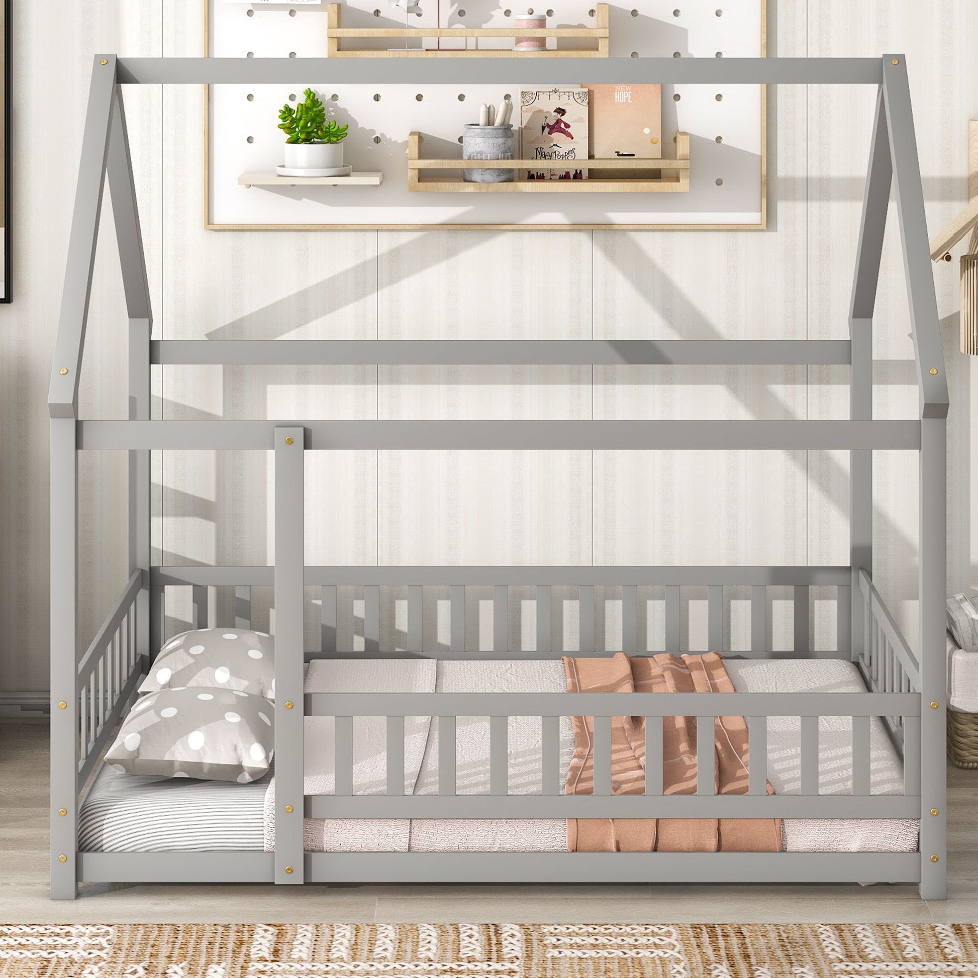 Full Size Floor Wooden Bed With House Roof Frame, Fence Guardrails ,Grey Full Grey Pine