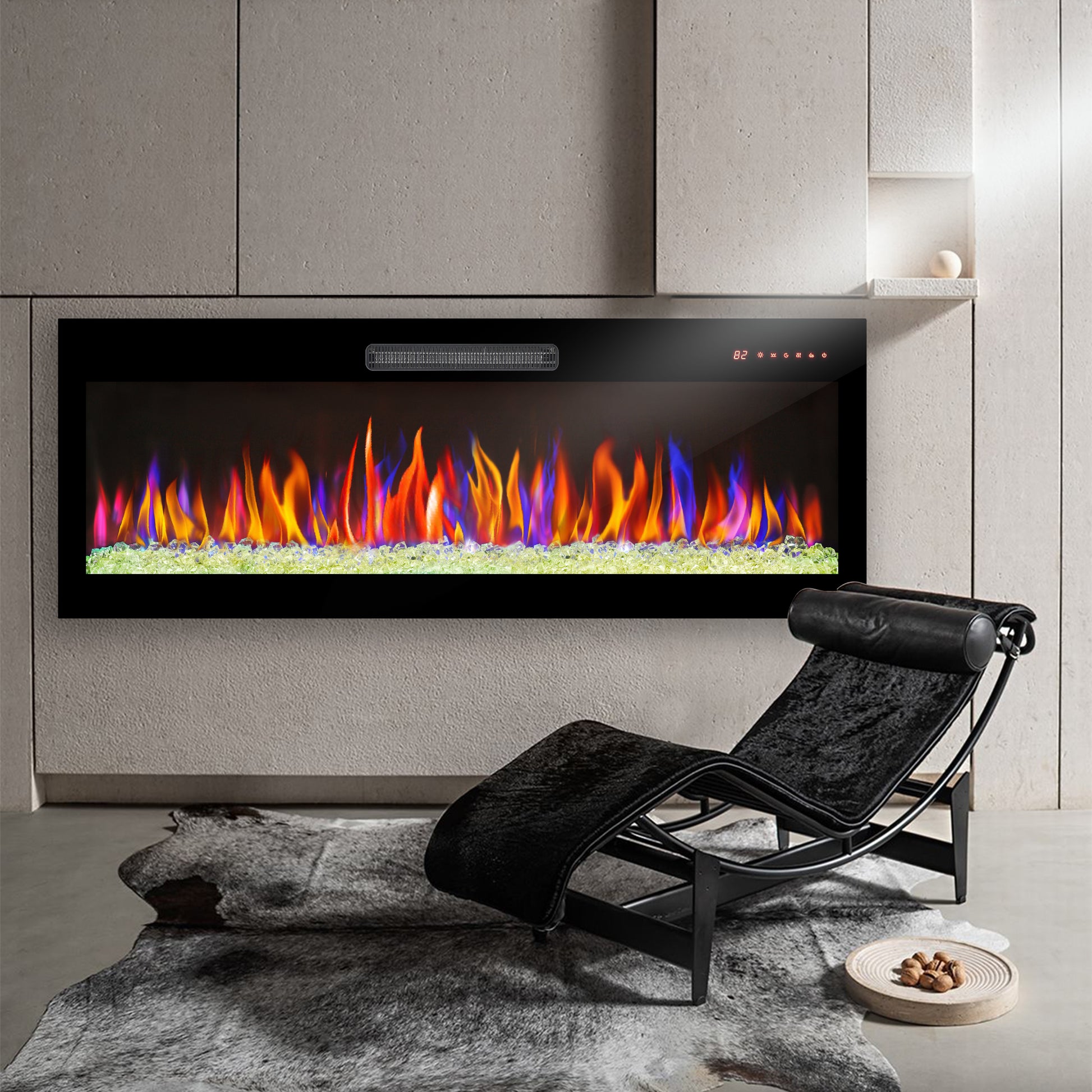 50 Inch Recessed Ultra Thin Tempered Glass Front Wall Mounted Electric Fireplace With Remote And Multi Color Flame & Emberbed, Led Light Heater Antique Black Tempered Glass Sheet Metal Plastic