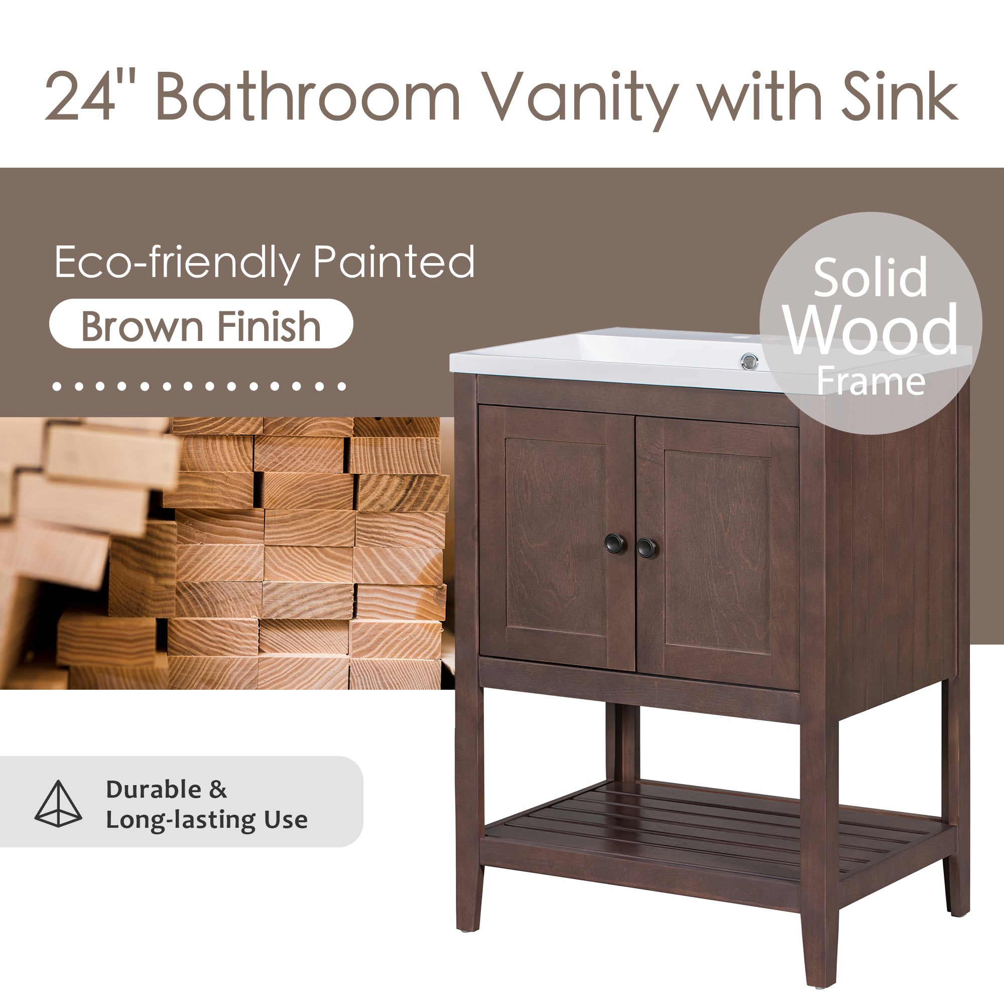 VIDEO 24" Brown Modern Sleek Bathroom Vanity Elegant brown-solid wood+mdf