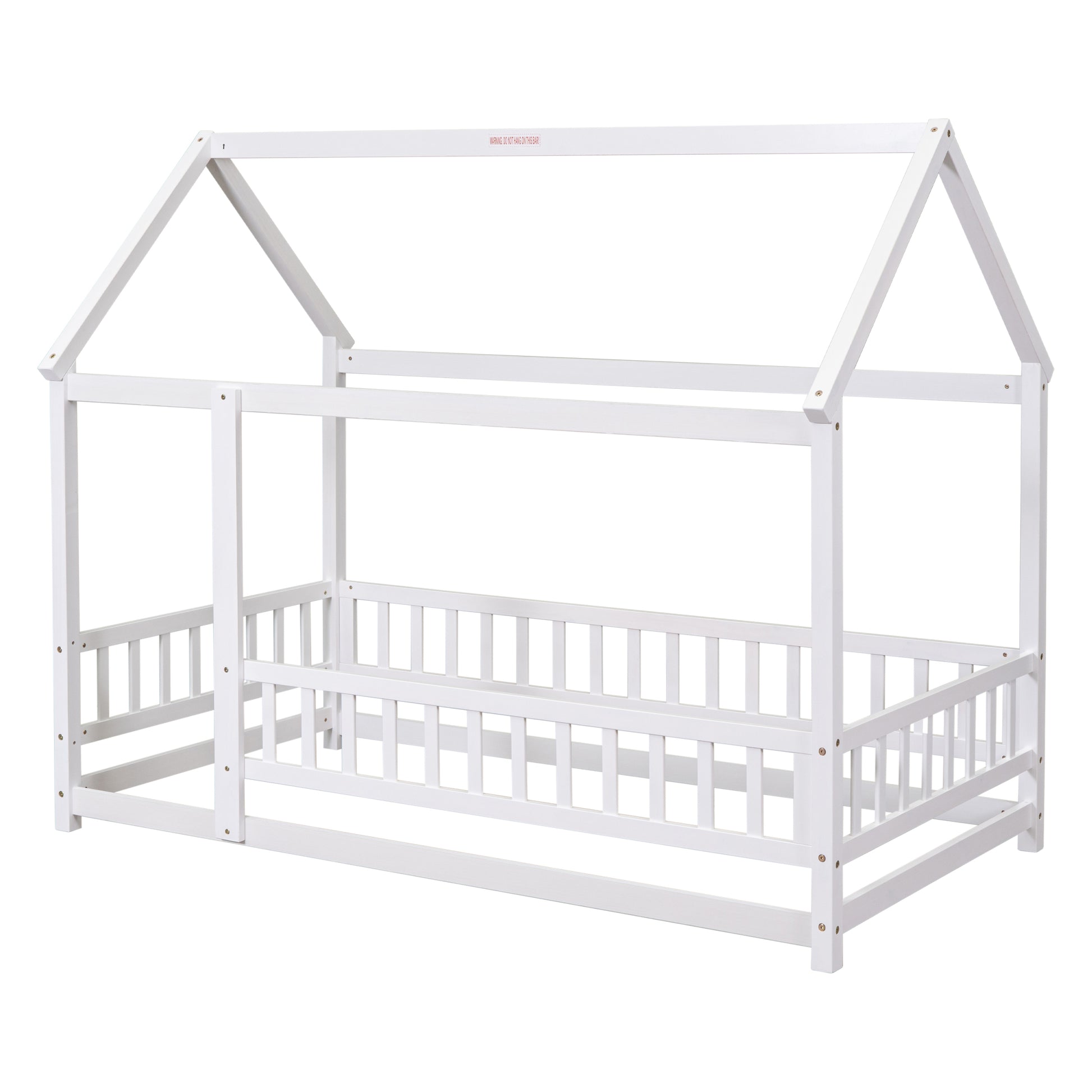 Twin Size Floor Wooden Bed With House Roof Frame, Fence Guardrails,White Old Sku:W1791106615 Twin White Pine