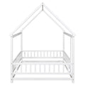 Full Size Floor Wooden Bed With House Roof Frame, Fence Guardrails ,White Full White Pine