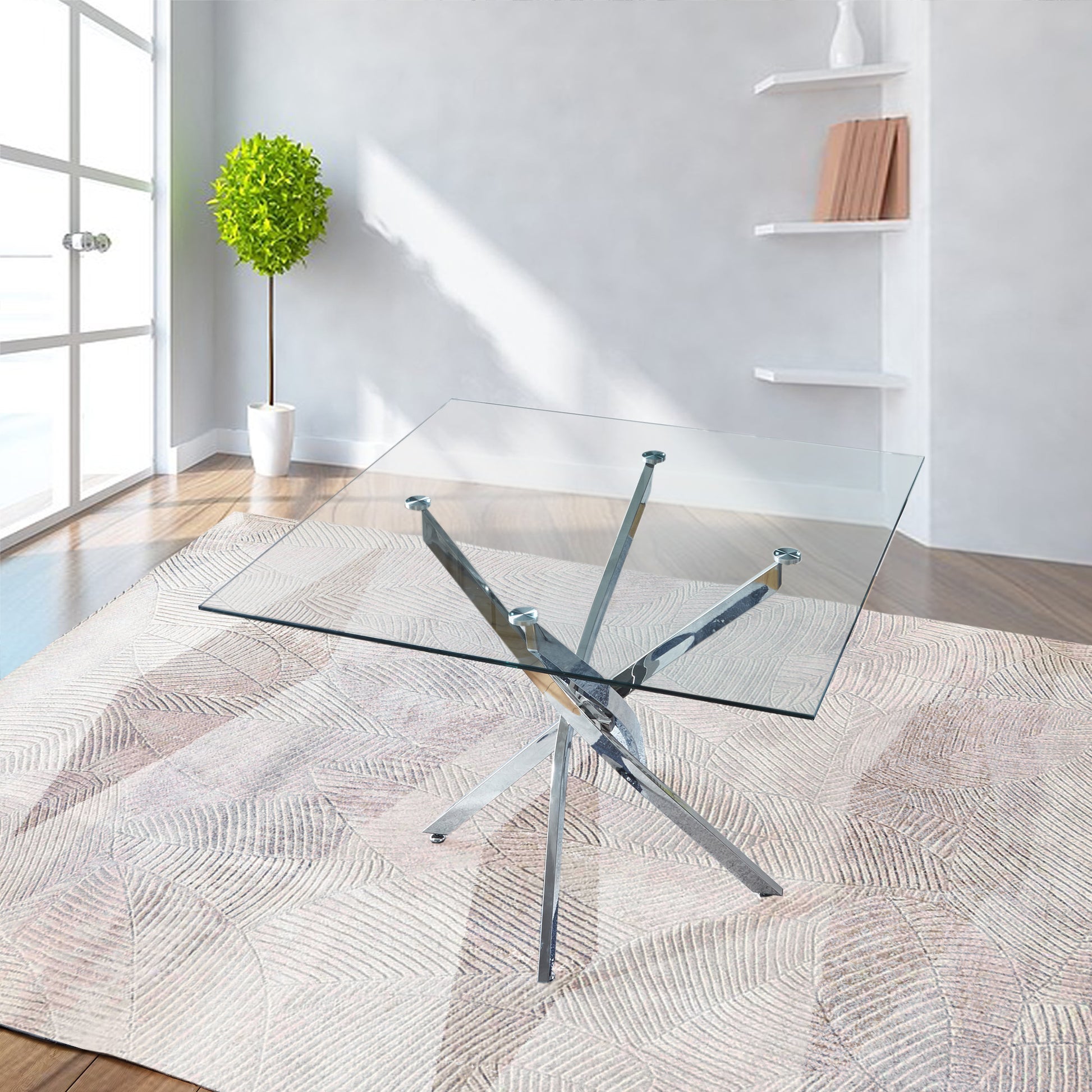 Contemporary Square Clear Dining Tempered Glass Table With Silver Finish Stainless Steel Legs Silver Tempered Glass