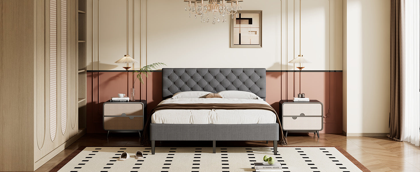 Upholstered Linen Platform Bed, Queen Size, Gray gray-linen