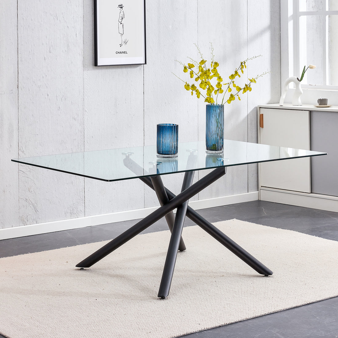 Large Modern Minimalist Rectangular Glass Dining Table For 6 8 With 0.39" Tempered Glass Tabletop And Black Color Metal Legs, For Kitchen Dining Living Meeting Room Banquet Hall,71" W X 39" D X 301537 Black Glass