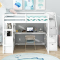 Full Size Loft Bed With Desk And Shelves, Two Built In Drawers, Storage Staircase, White White Pine