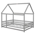 Full Size Floor Wooden Bed With House Roof Frame, Fence Guardrails ,Grey Full Grey Pine