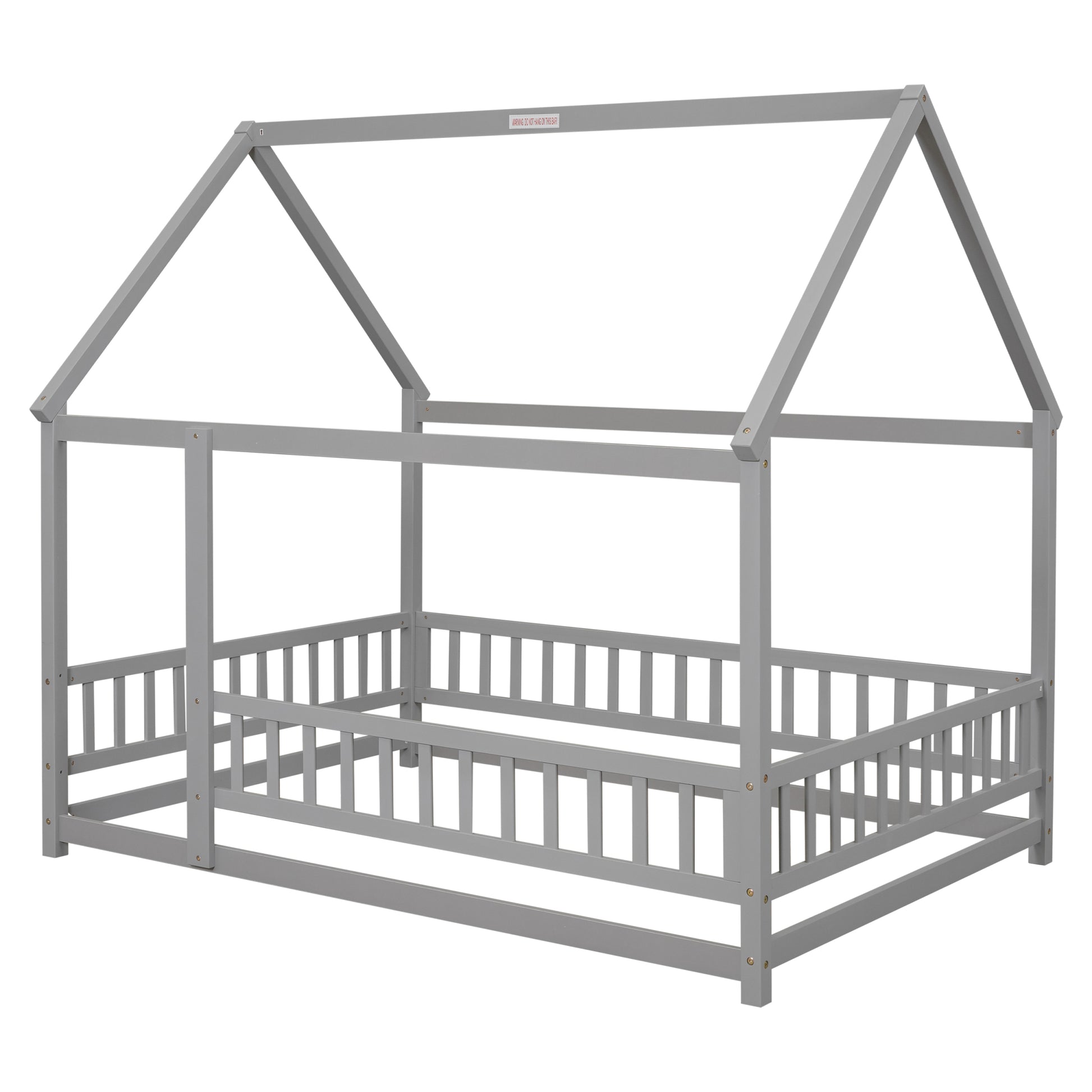 Full Size Floor Wooden Bed With House Roof Frame, Fence Guardrails ,Grey Full Grey Pine