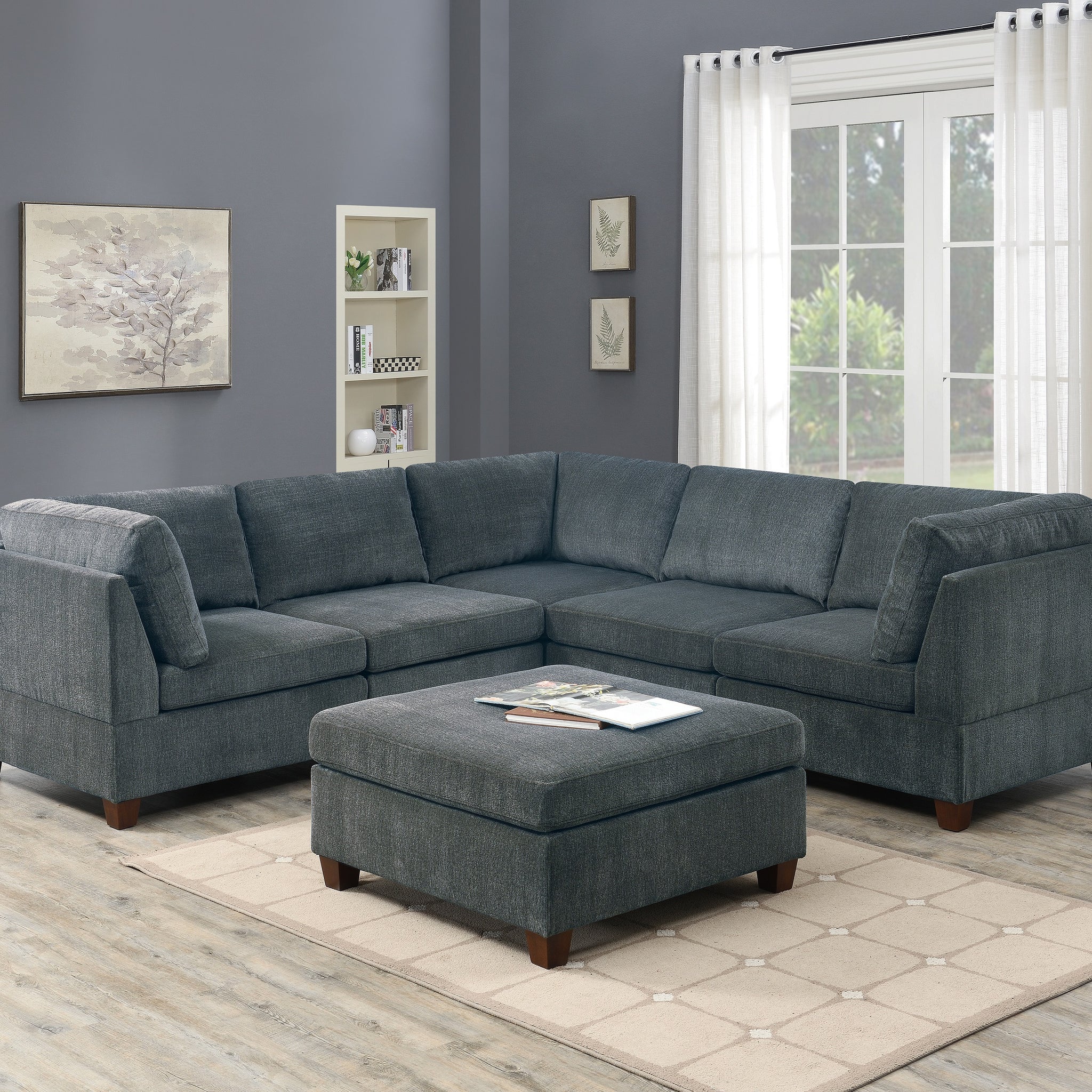 Living Room Furniture Grey Chenille Modular Sectional 6Pc Set Corner Sectional Modern Couch 3X Corner Wedge 2X Armless Chairs And 1X Ottoman Plywood Grey Chenille Wood Primary Living Space Cushion Back Contemporary,Modern Modular Chenille 6 Seat