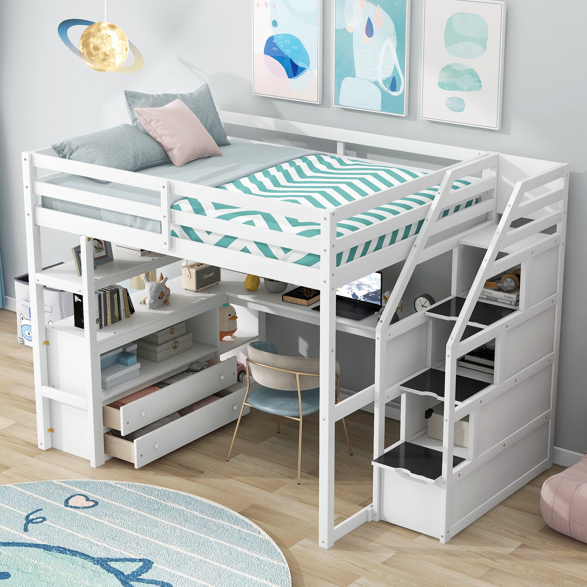 Full Size Loft Bed With Desk And Shelves, Two Built In Drawers, Storage Staircase, White White Pine