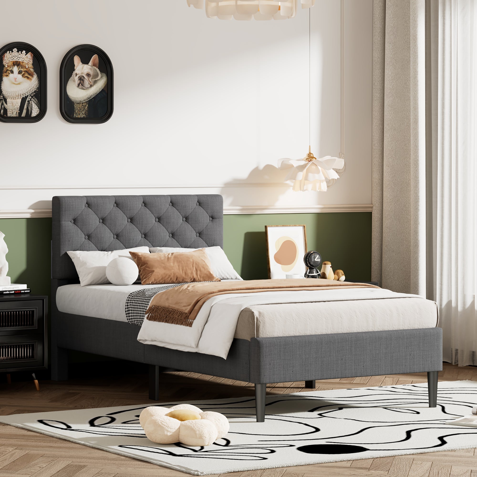 Upholstered Linen Platform Bed, Twin Size, Gray gray-linen