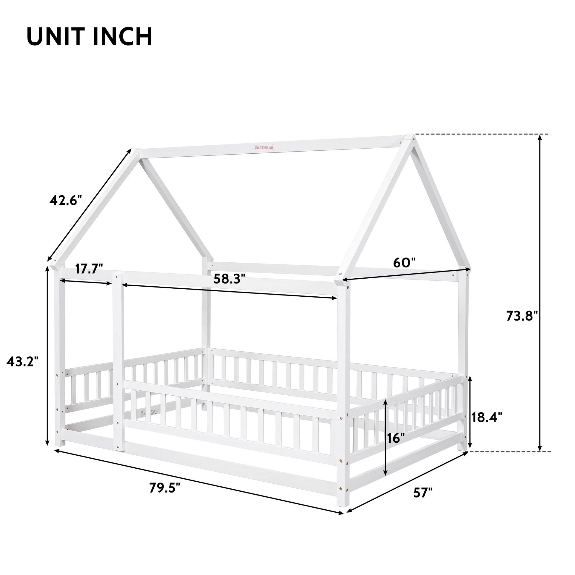 Full Size Floor Wooden Bed With House Roof Frame, Fence Guardrails ,White Full White Pine