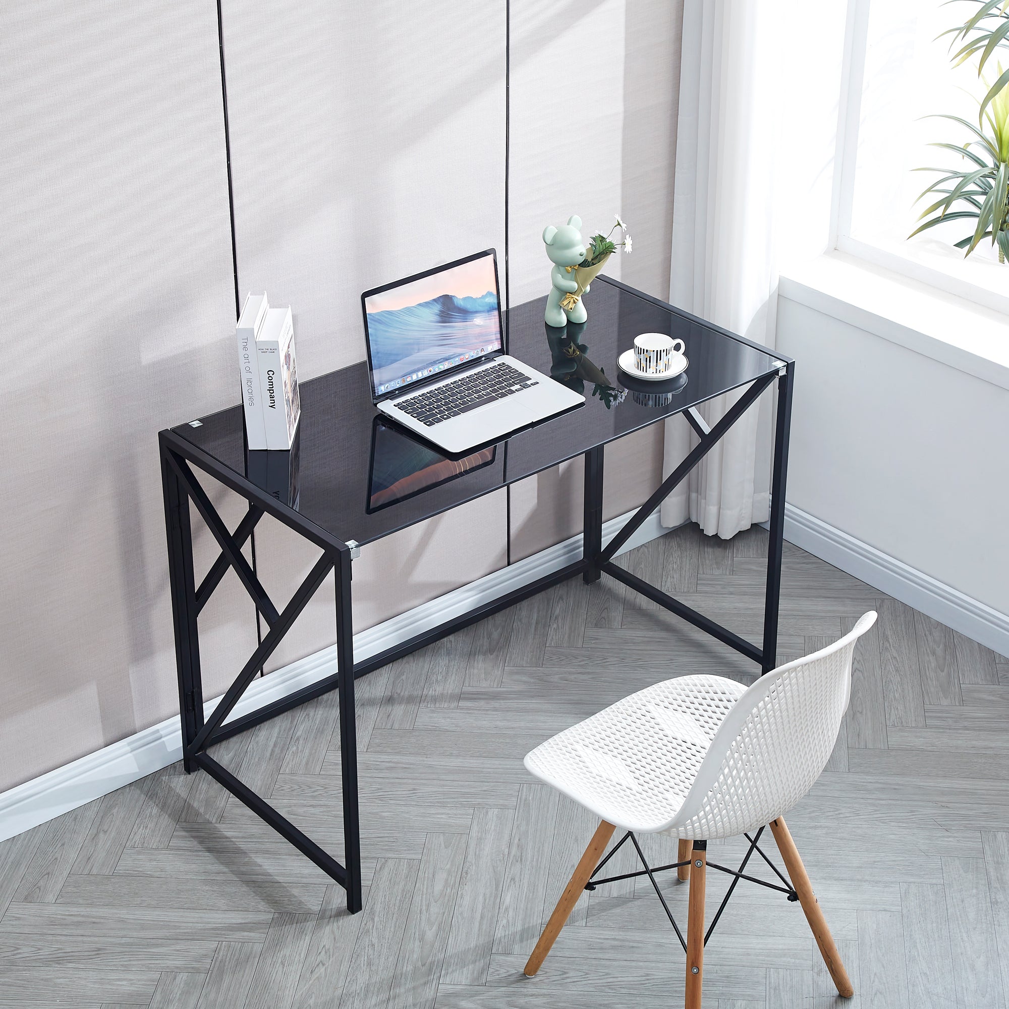 Tempered Black Glass Computer Desk, Laptop Desk, Pc Laptop Table With Metal Frame, Writting Desk Black Glass