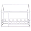 Twin Size Floor Wooden Bed With House Roof Frame, Fence Guardrails,White Old Sku:W1791106615 Twin White Pine