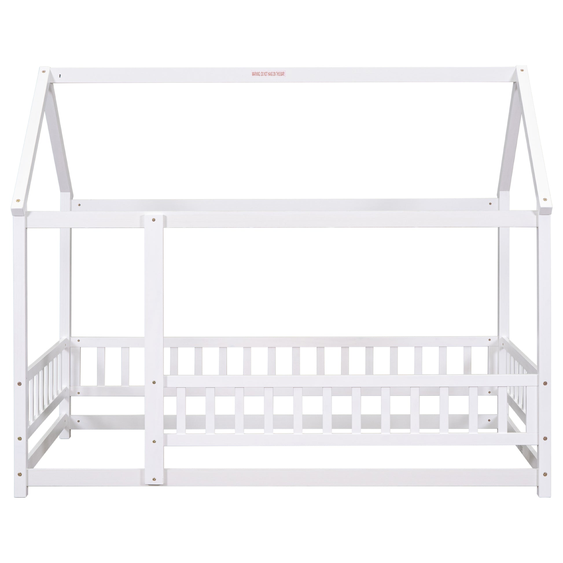 Twin Size Floor Wooden Bed With House Roof Frame, Fence Guardrails,White Old Sku:W1791106615 Twin White Pine