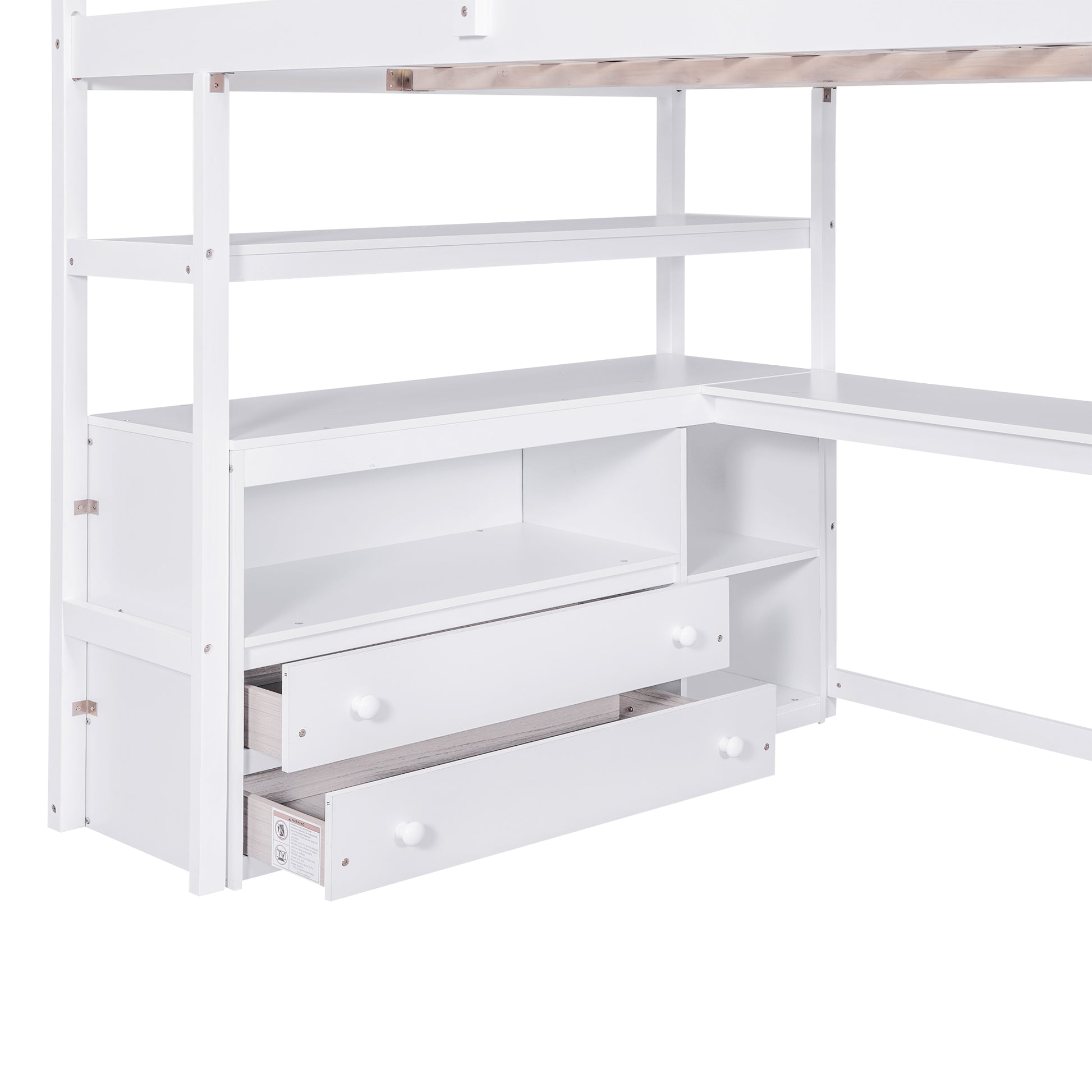 Full Size Loft Bed With Desk And Shelves, Two Built In Drawers, Storage Staircase, White White Pine