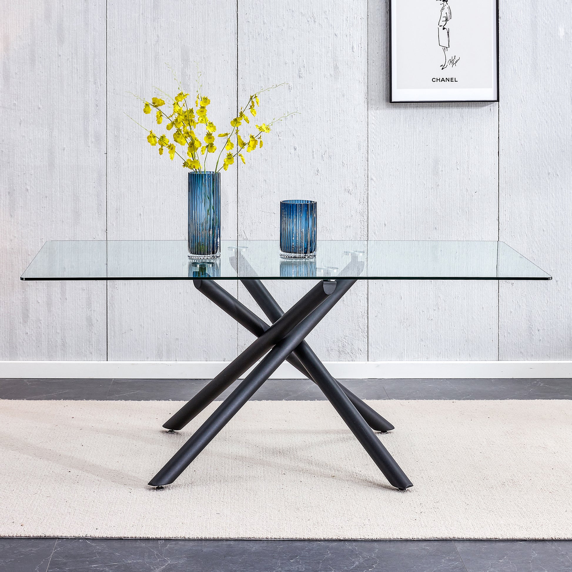 Large Modern Minimalist Rectangular Glass Dining Table black-glass