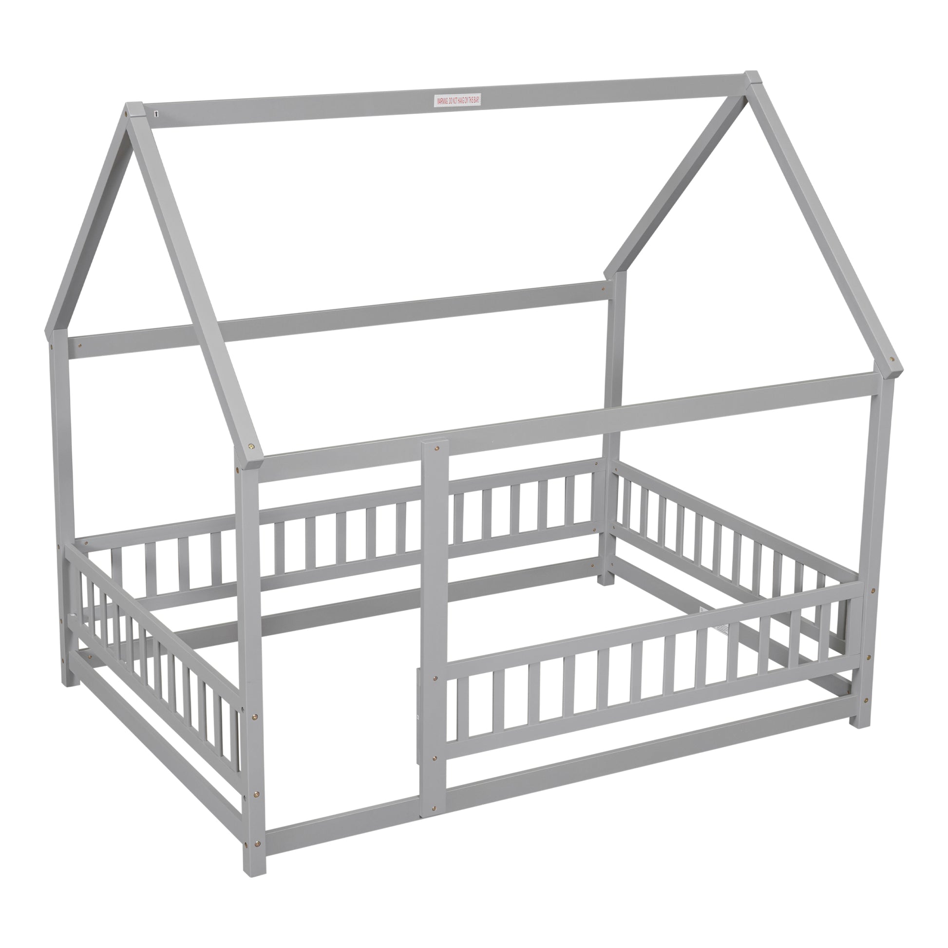 Full Size Floor Wooden Bed With House Roof Frame, Fence Guardrails ,Grey Full Grey Pine