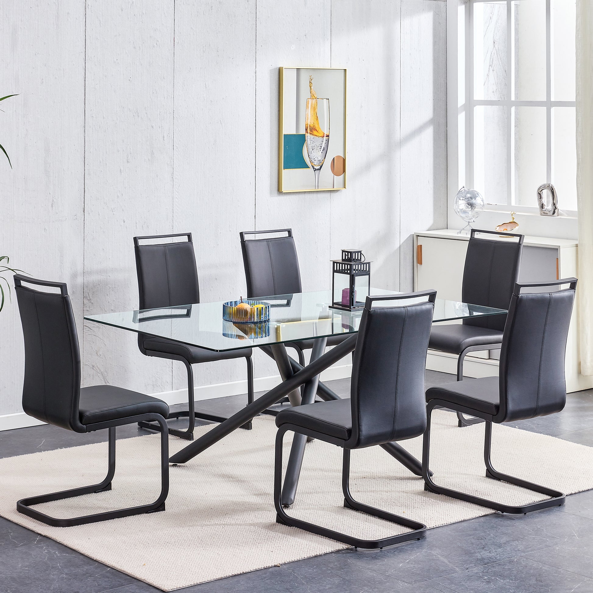 Large Modern Minimalist Rectangular Glass Dining Table black-glass