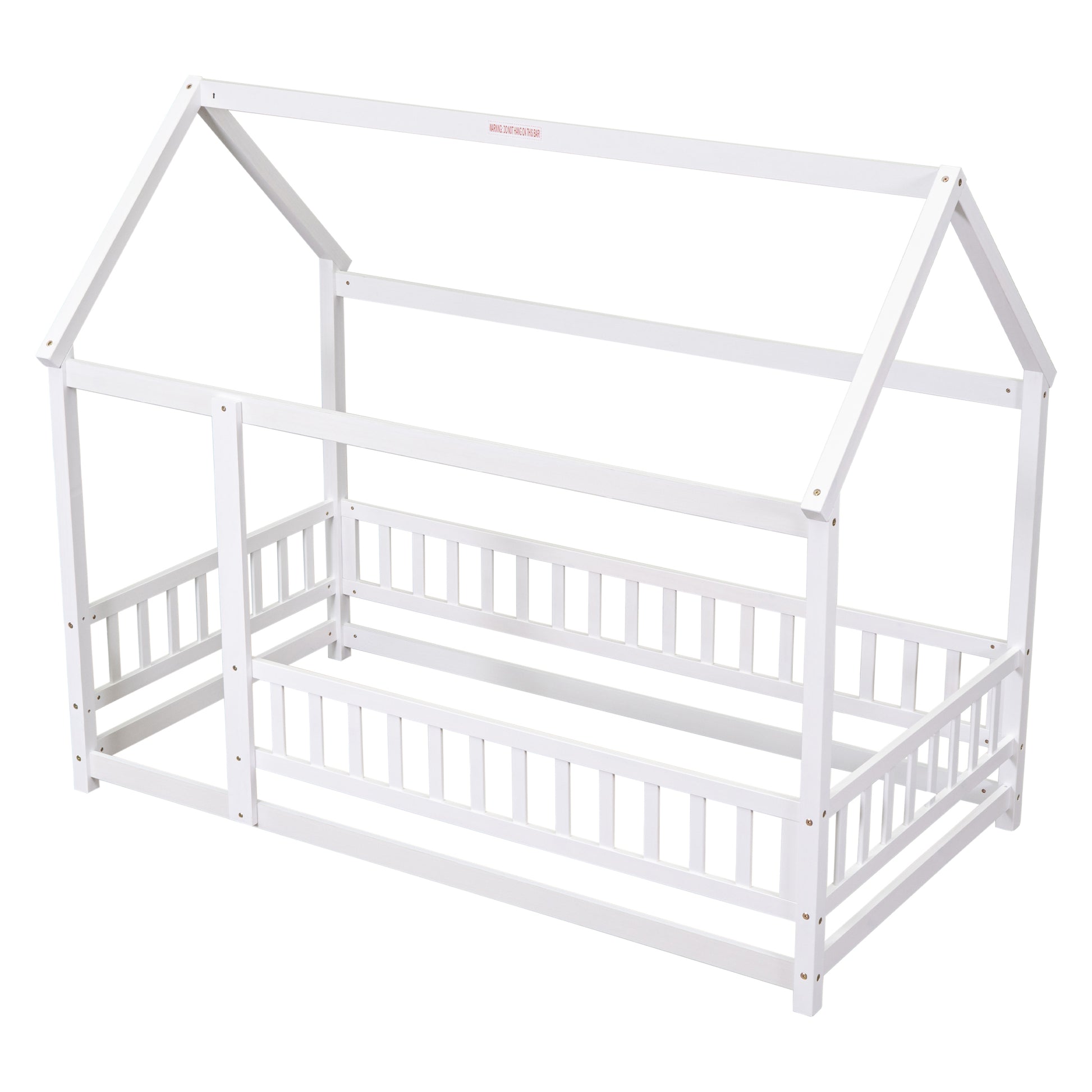 Twin Size Floor Wooden Bed With House Roof Frame, Fence Guardrails,White Old Sku:W1791106615 Twin White Pine