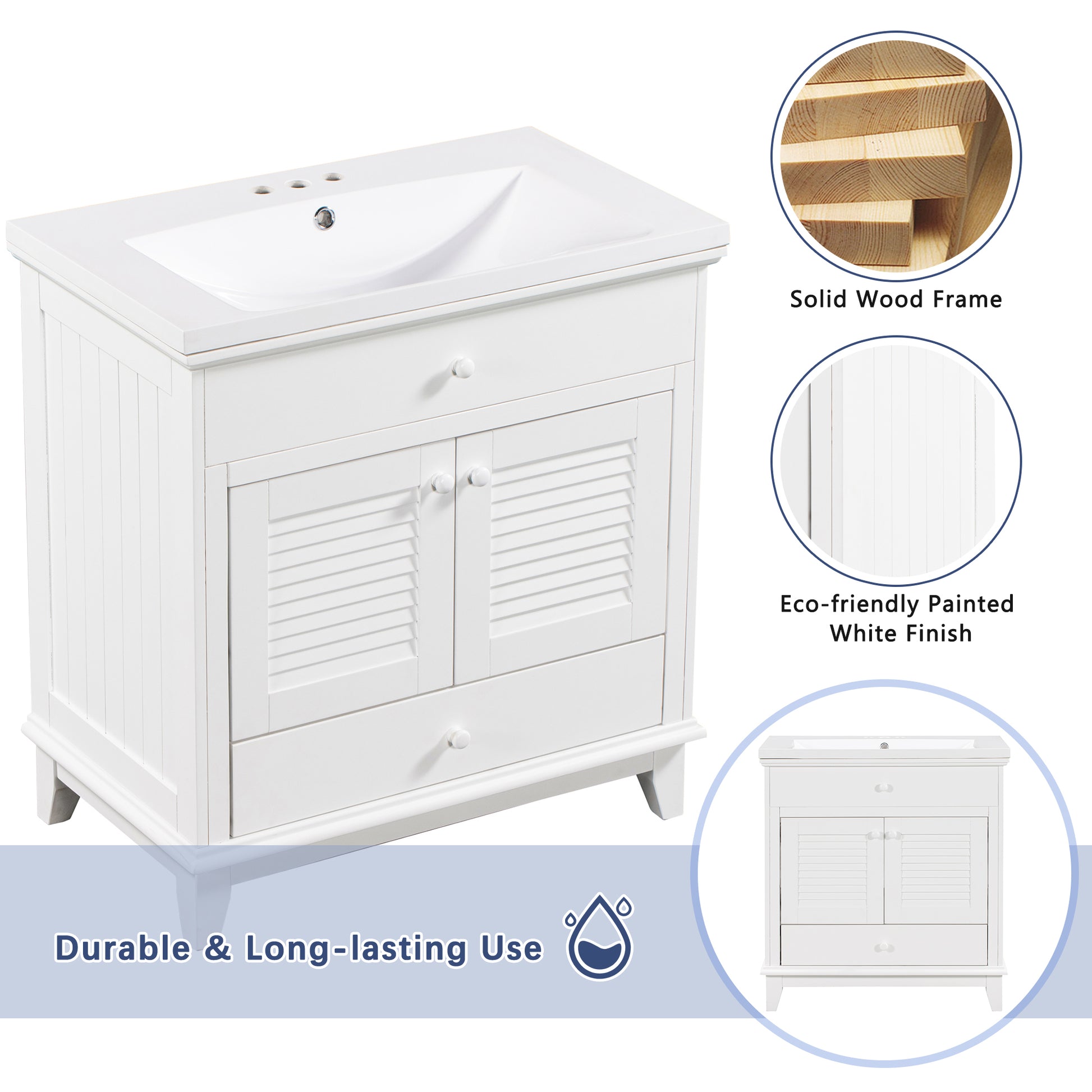 30" Bathroom Vanity Base Without Sink, Bathroom Cabinet With Two Doors And One Drawer, White White Solid Wood