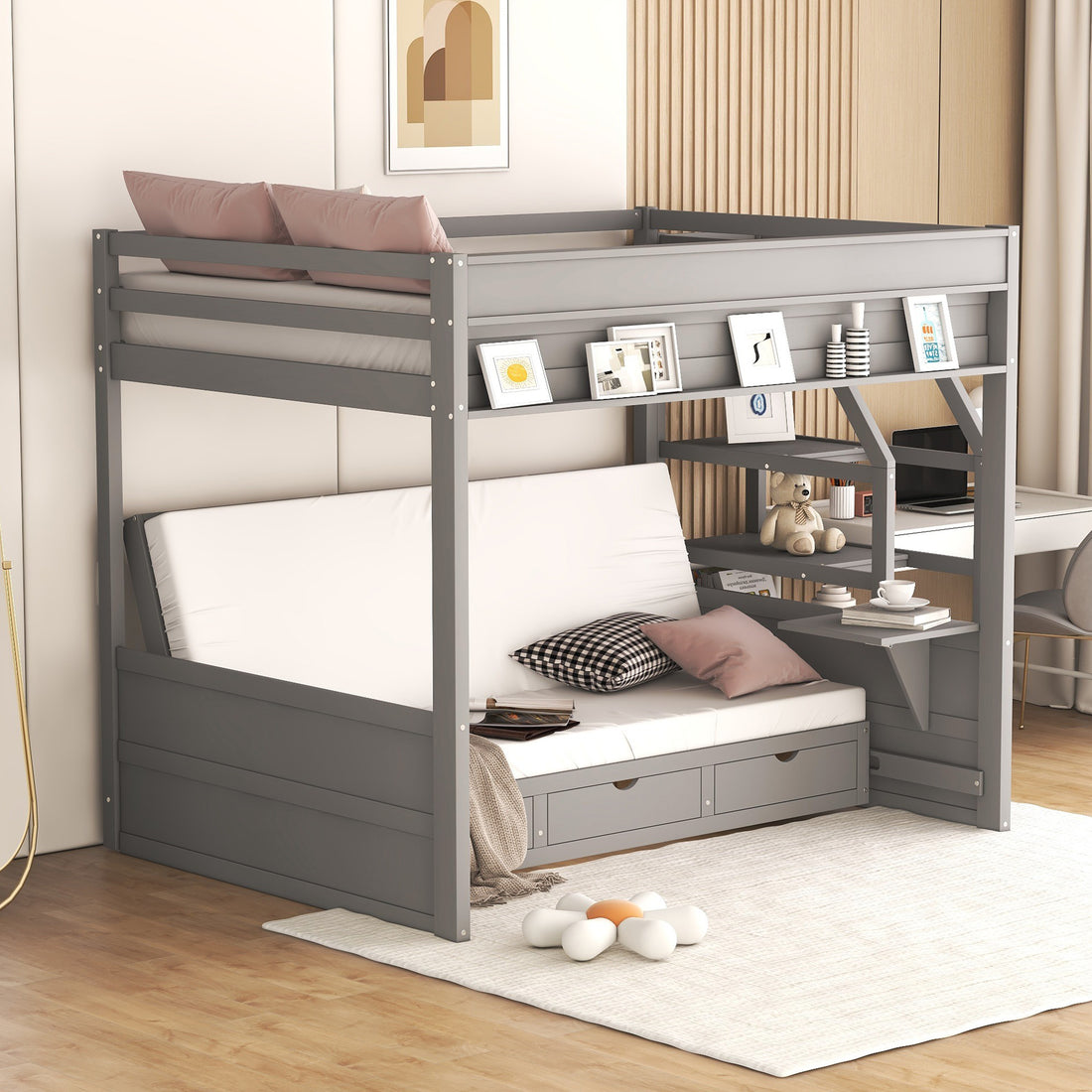 Wood Full Size Convertible Bunk Bed With Storage Staircase, Bedside Table, And 3 Drawers, Gray Gray Solid Wood Mdf