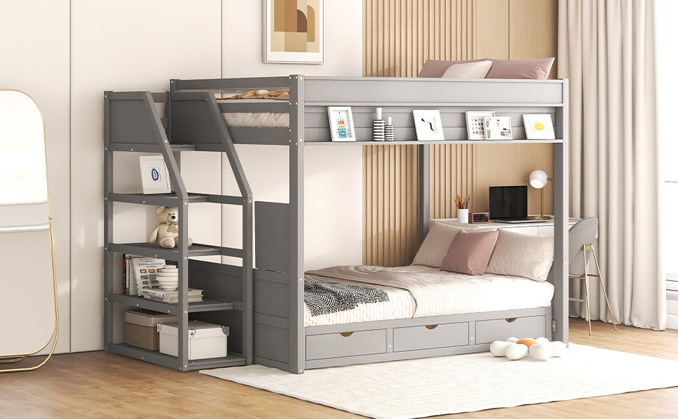 Wood Full Size Convertible Bunk Bed With Storage Staircase, Bedside Table, And 3 Drawers, Gray Gray Solid Wood Mdf