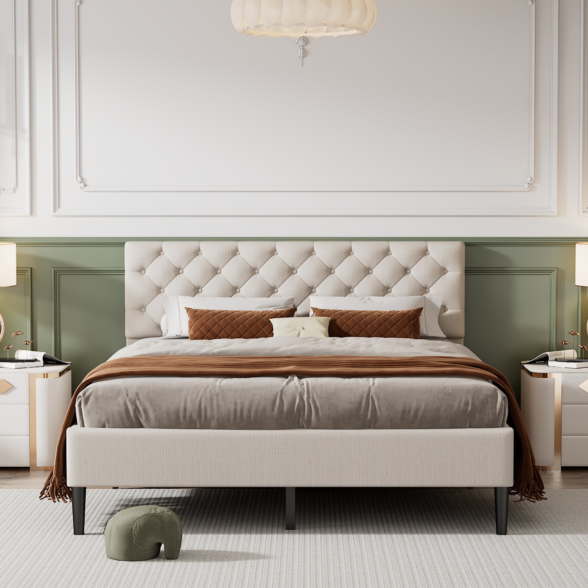 Upholstered Linen Platform Bed, Queen Size, Beige beige-linen