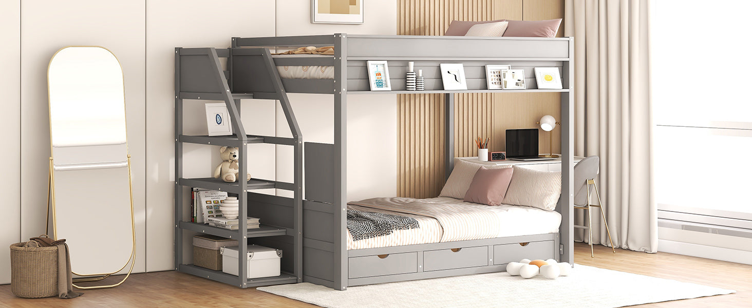 Wood Full Size Convertible Bunk Bed With Storage Staircase, Bedside Table, And 3 Drawers, Gray Gray Solid Wood Mdf