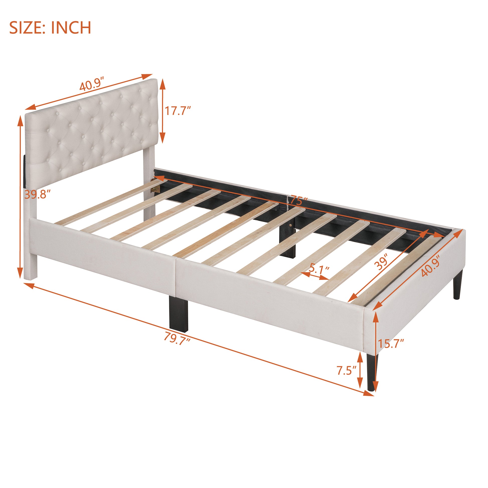 Upholstered Linen Platform Bed, Twin Size, Beige Twin Beige Linen