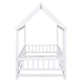 Twin Size Floor Wooden Bed With House Roof Frame, Fence Guardrails,White Old Sku:W1791106615 Twin White Pine