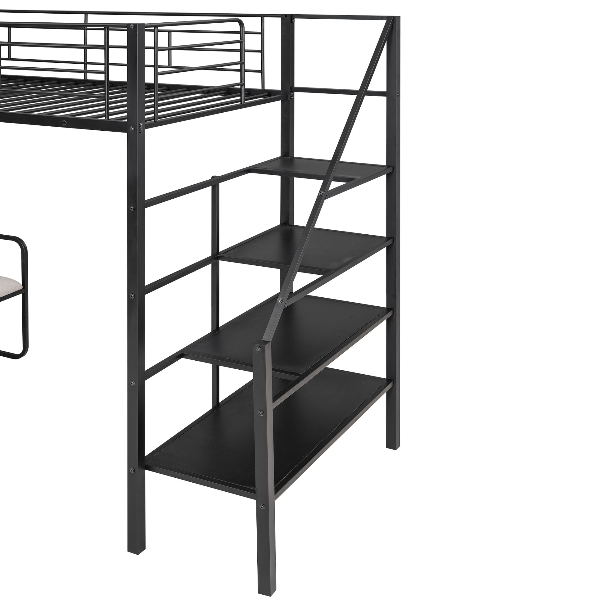 Twin Size Metal Loft Bed With Bench And Storage Staircase, Black Black Metal