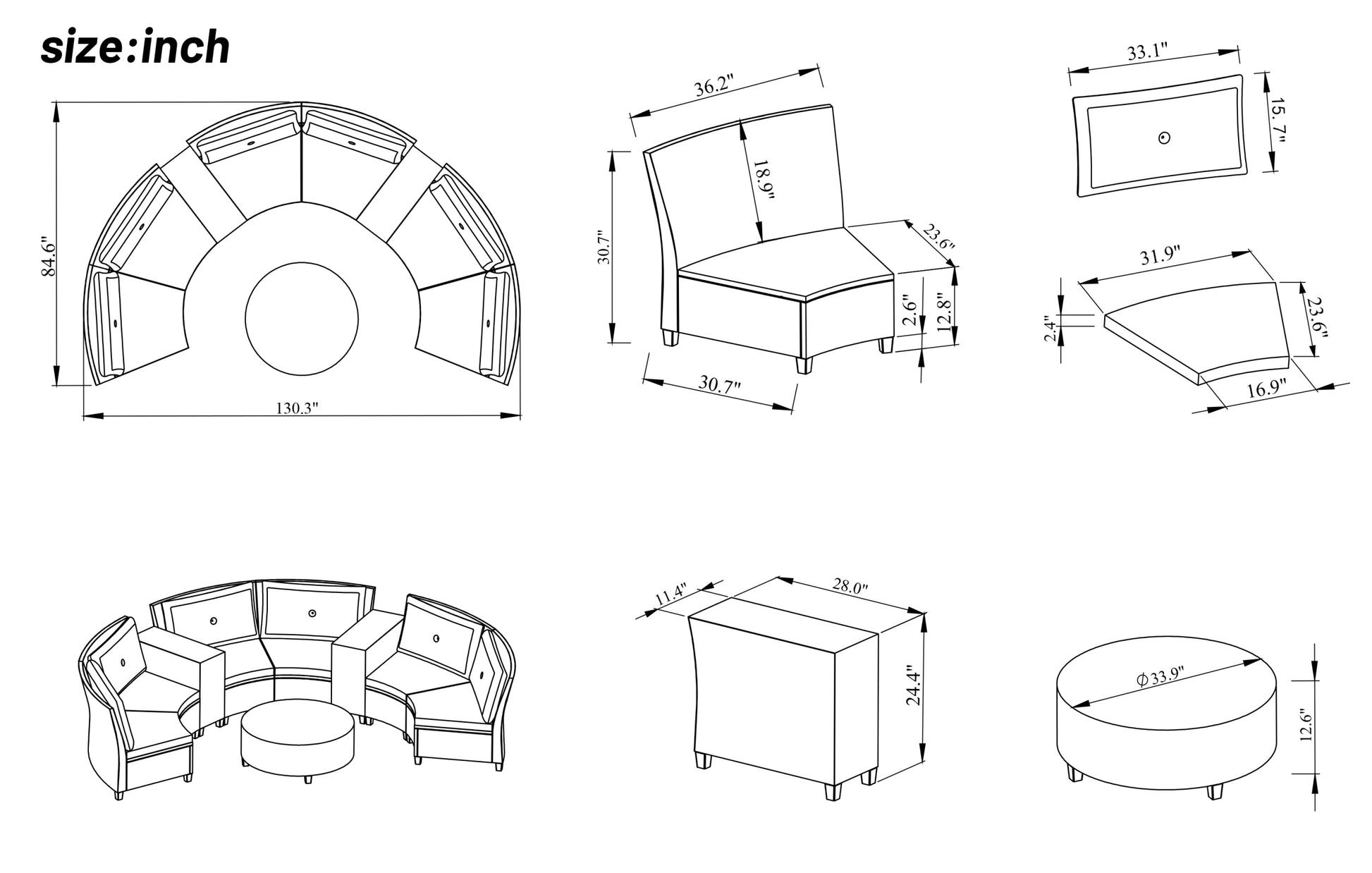 6 Person Fan Shaped Rattan Suit Combination With Cushions And Table,Suitable For Garden Gray Hdpe