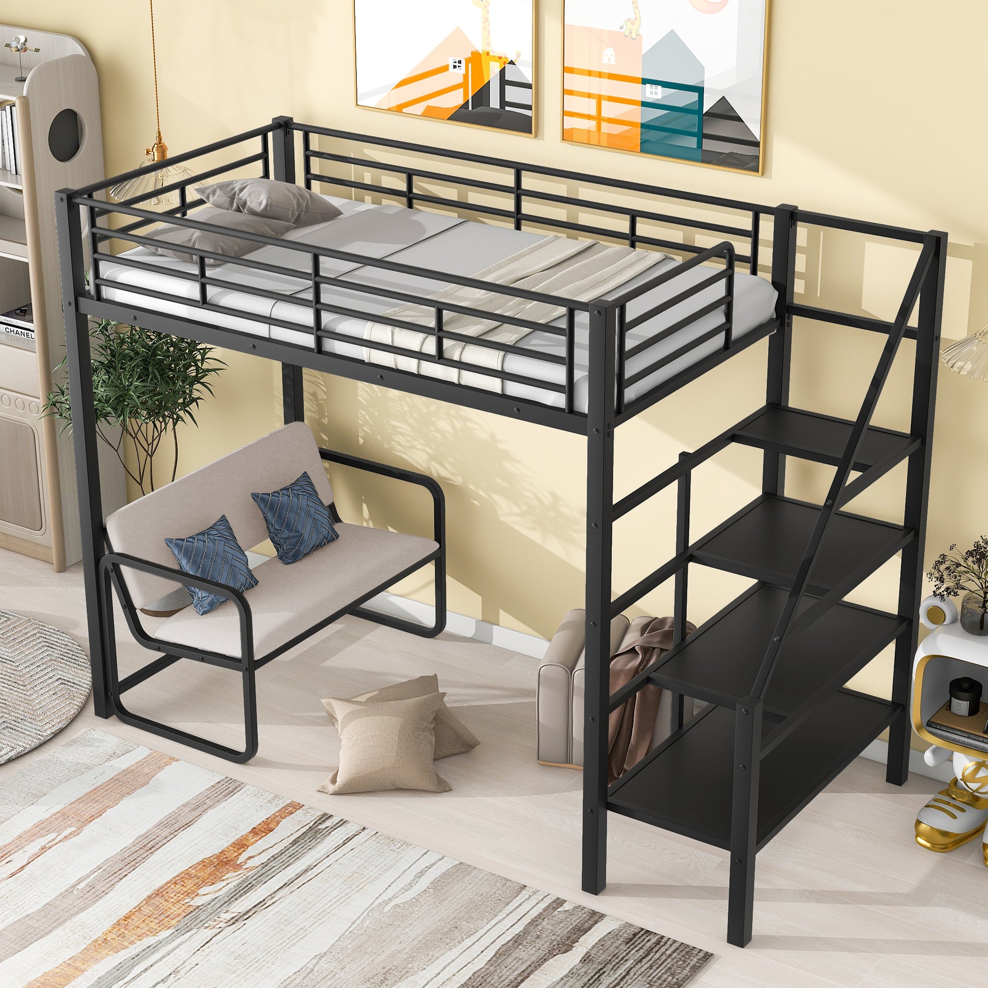 Twin Size Metal Loft Bed With Bench And Storage Staircase, Black Black Metal