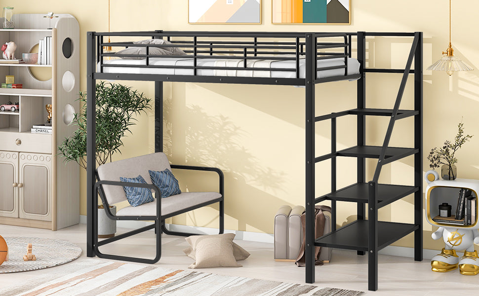 Twin Size Metal Loft Bed With Bench And Storage Staircase, Black Black Metal