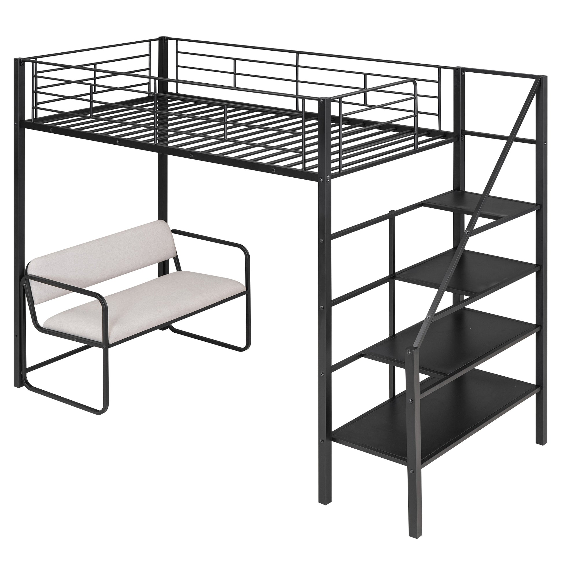 Twin Size Metal Loft Bed With Bench And Storage Staircase, Black Black Metal