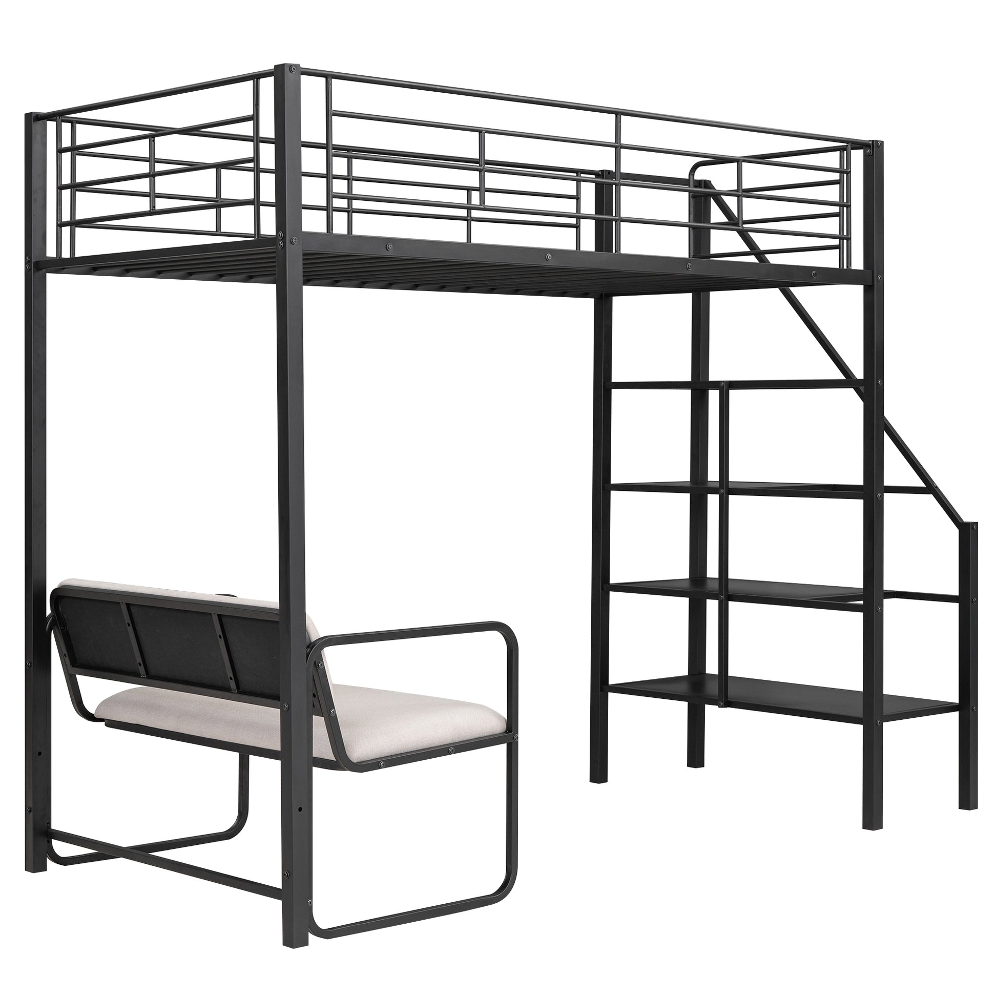 Twin Size Metal Loft Bed With Bench And Storage Staircase, Black Black Metal