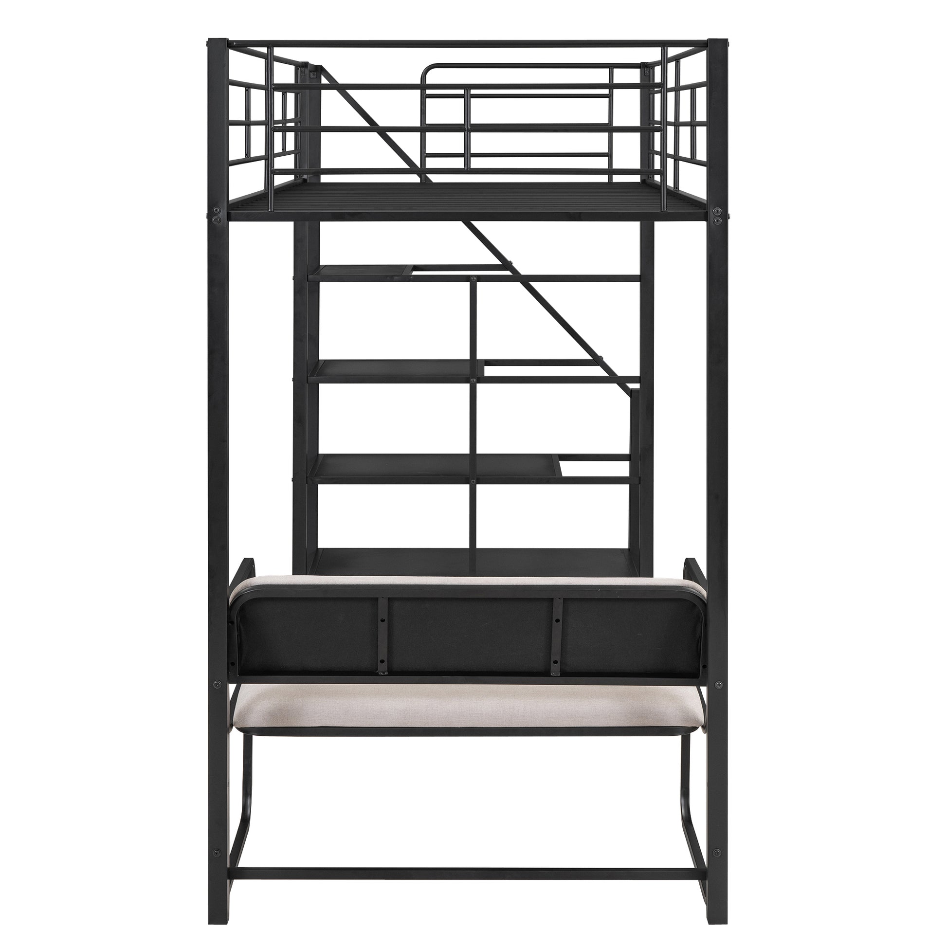 Twin Size Metal Loft Bed With Bench And Storage Staircase, Black Black Metal
