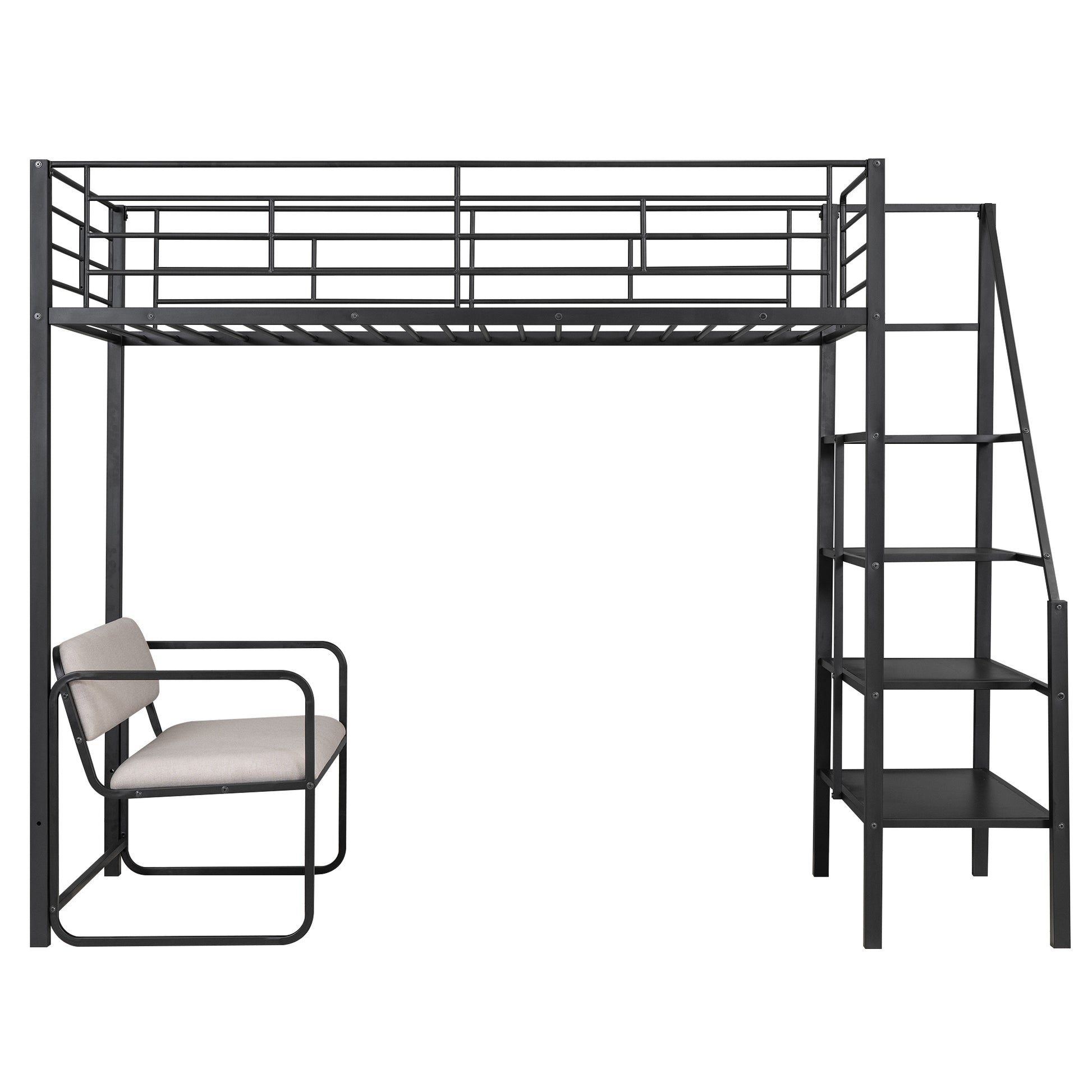 Twin Size Metal Loft Bed With Bench And Storage Staircase, Black Black Metal