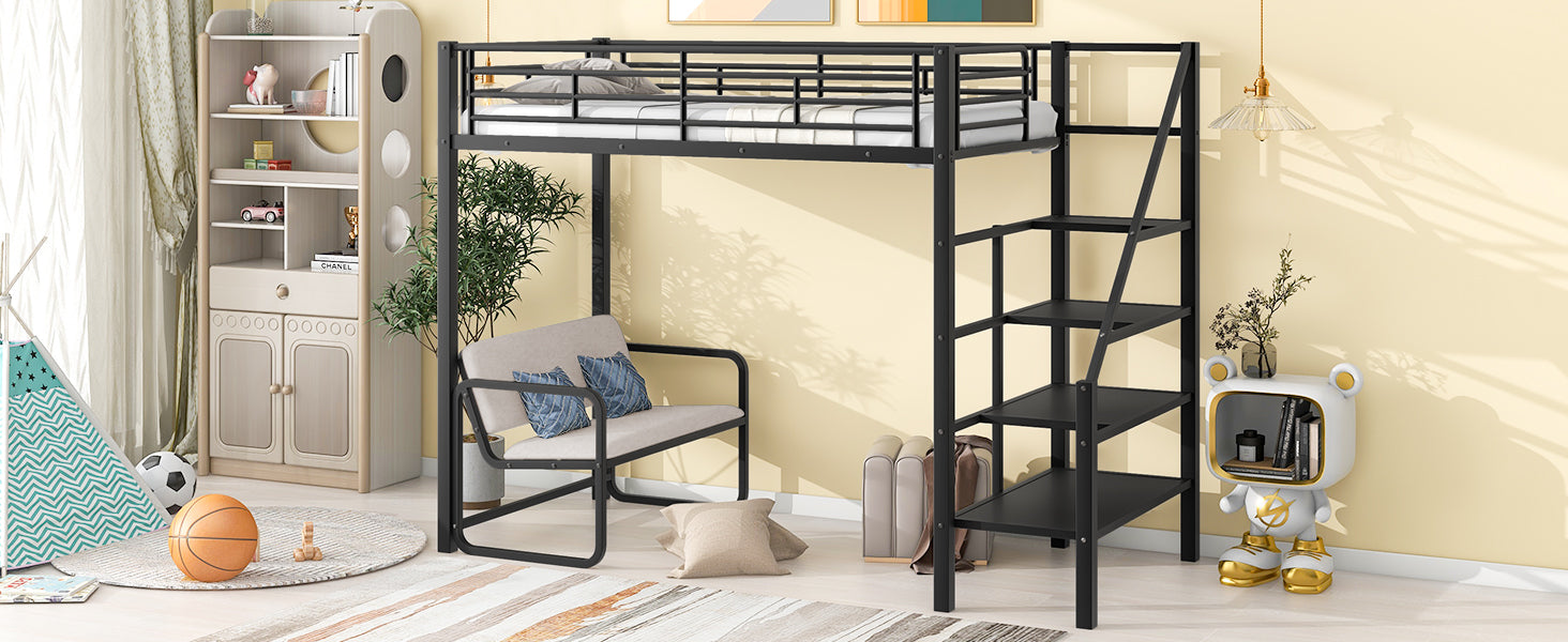 Twin Size Metal Loft Bed With Bench And Storage Staircase, Black Black Metal