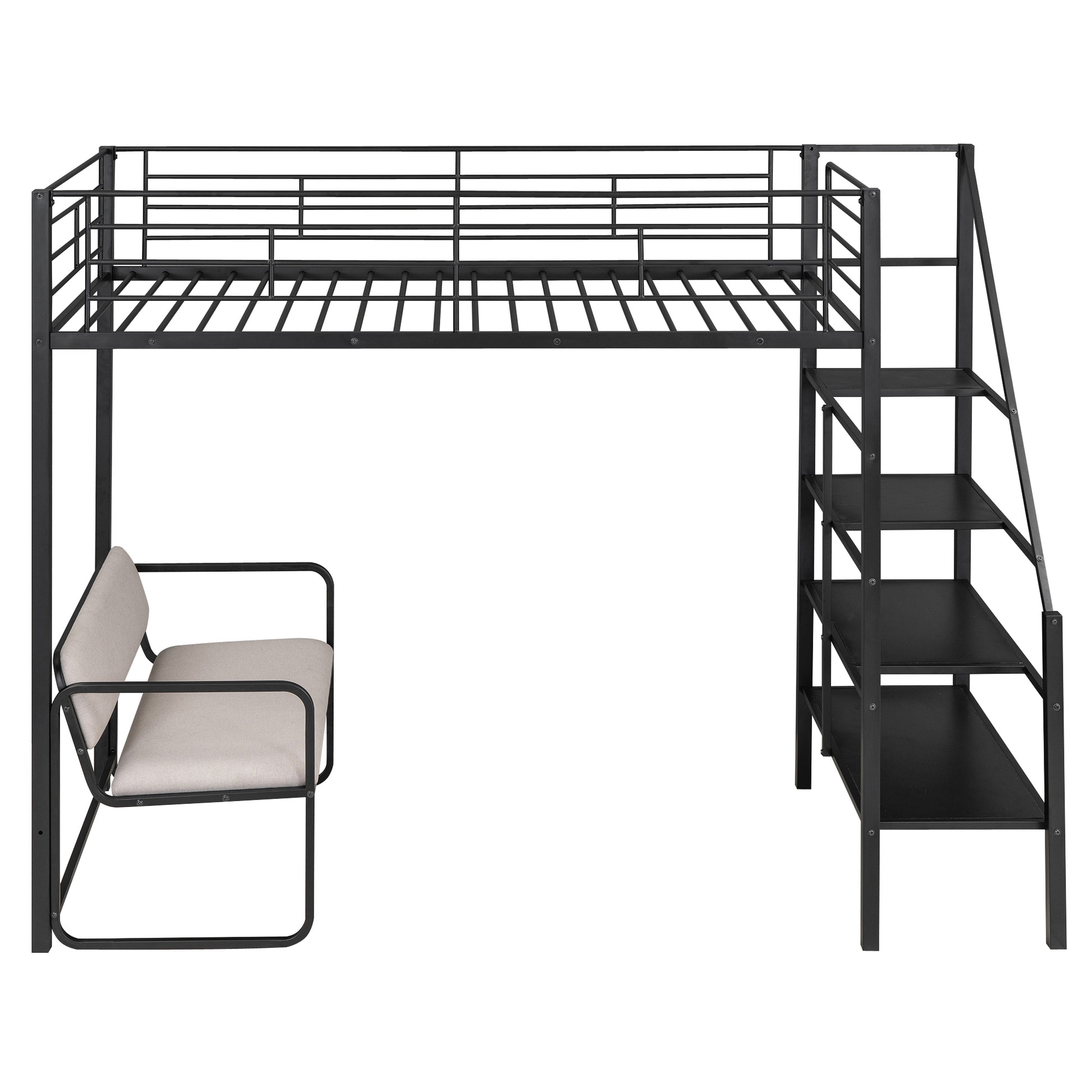 Twin Size Metal Loft Bed With Bench And Storage Staircase, Black Black Metal