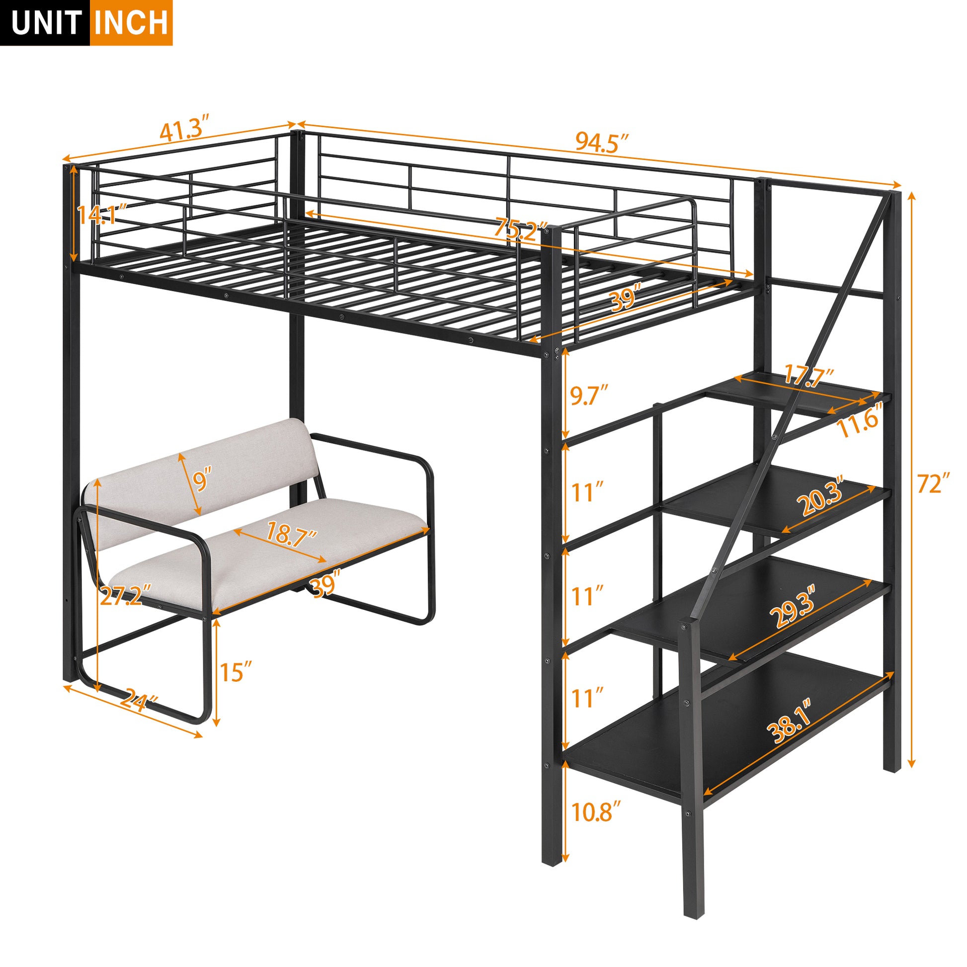 Twin Size Metal Loft Bed With Bench And Storage Staircase, Black Black Metal