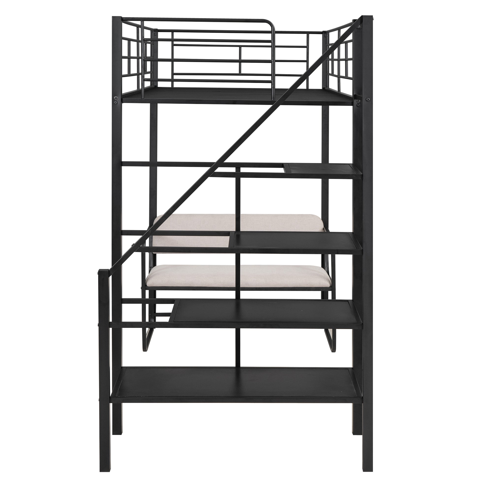 Twin Size Metal Loft Bed With Bench And Storage Staircase, Black Black Metal