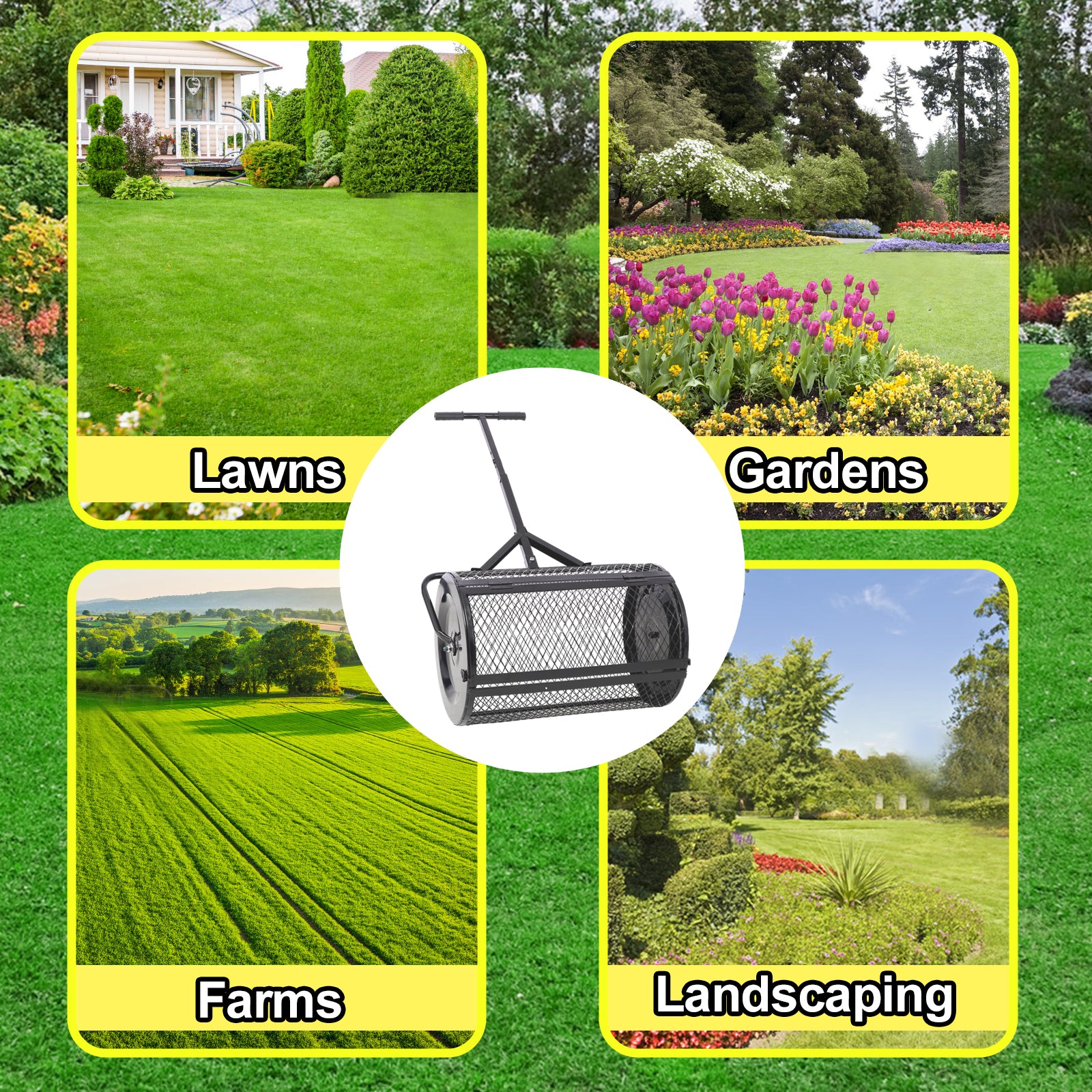 Peat Moss Spreader 24Inch,Compost Spreader Metal Mesh,T Shaped Handle For Planting Seeding,Lawn And Garden Care Manure Spreaders Roller ,Heavy Duty Black Steel