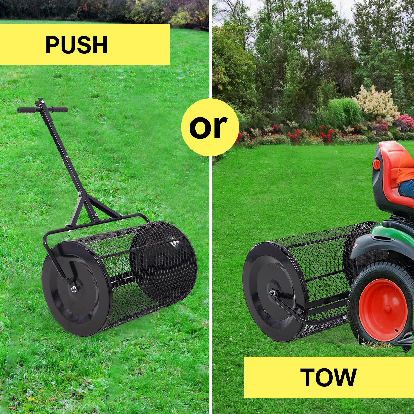 Peat Moss Spreader 36Inch,Compost Spreader Metal Mesh,2 In 1 Atv And T Shaped Handle For Planting Seeding,Lawn And Garden Care Manure Spreaders Roller Black Steel