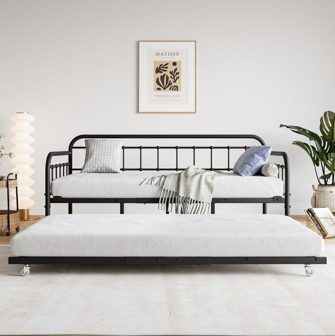 Twin Size Metal Daybed Frame With Trundle, Heavy Duty Steel Slat Support Sofa Bed Platform With Headboard, No Box Spring Needed, Black Box Spring Not Required Twin Black Metal Bedroom Metal