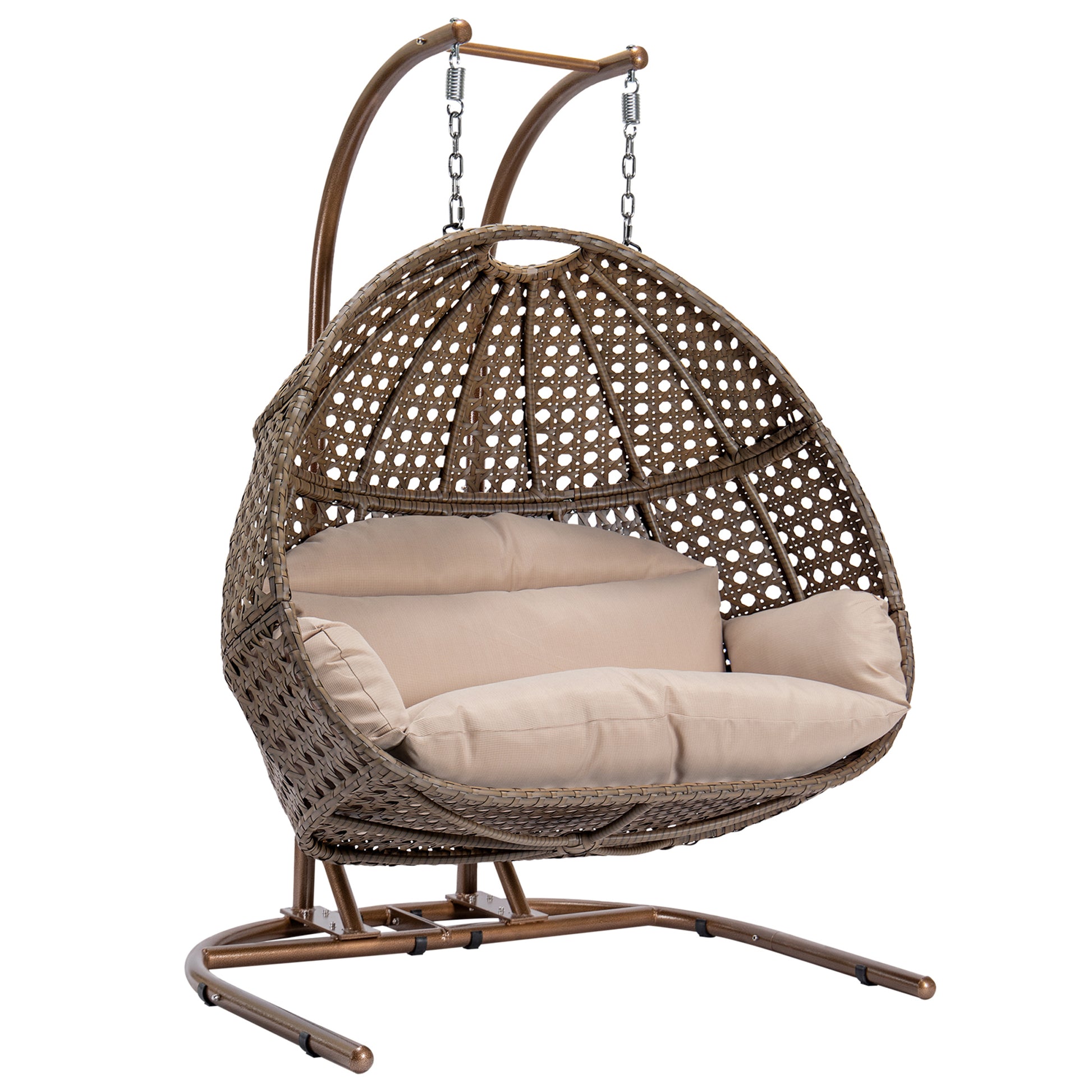 Double Seat Swing Chair With Stand And Cushion Brown Beige Cotton Rattan